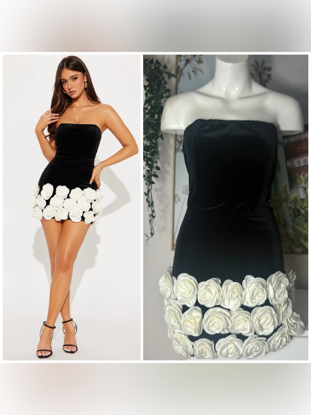 Fashion Nova Precious Rose Black Velvet 3D Floral Mini Dress Strapless Large